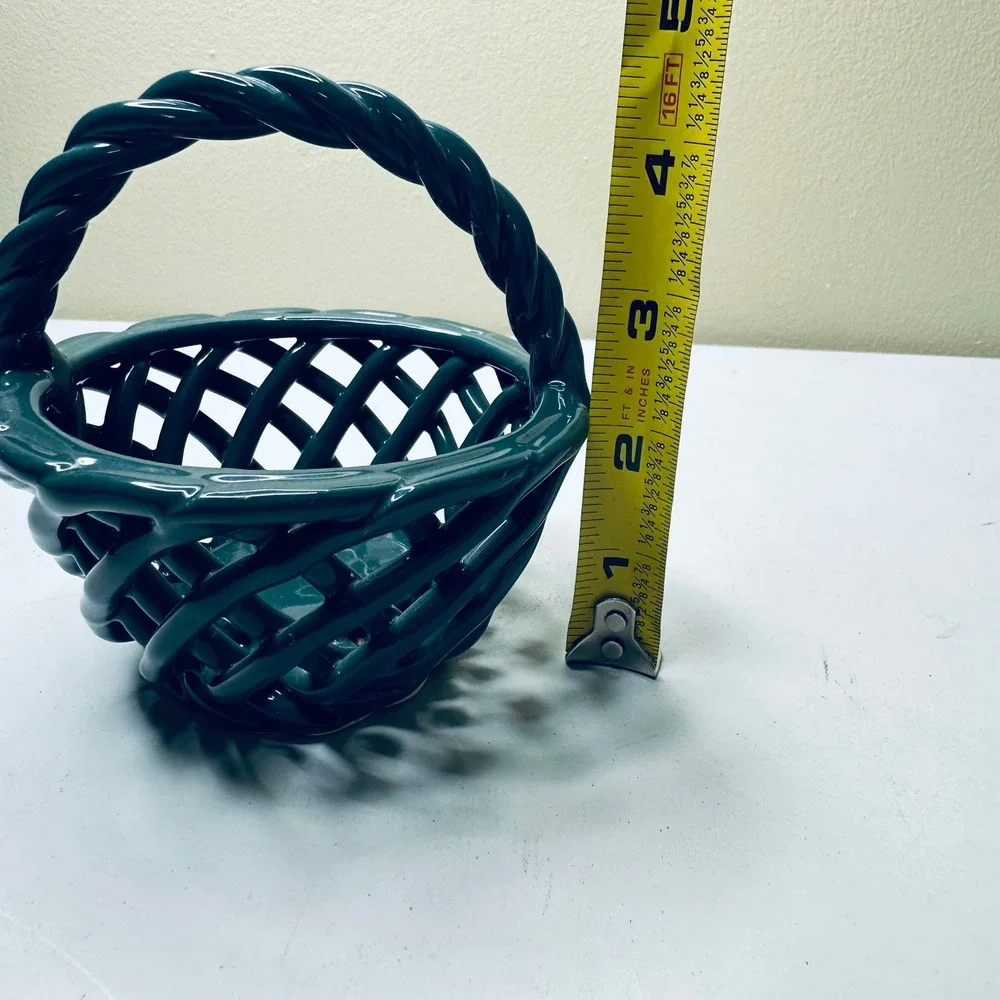 Vintage Hunter Green Ceramic Lattice Basket Woven Rope Handle Decorative Bowl 5